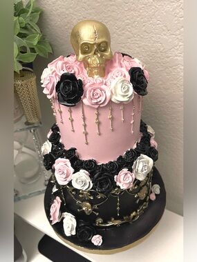 Pink & Black Skull Cake Decor